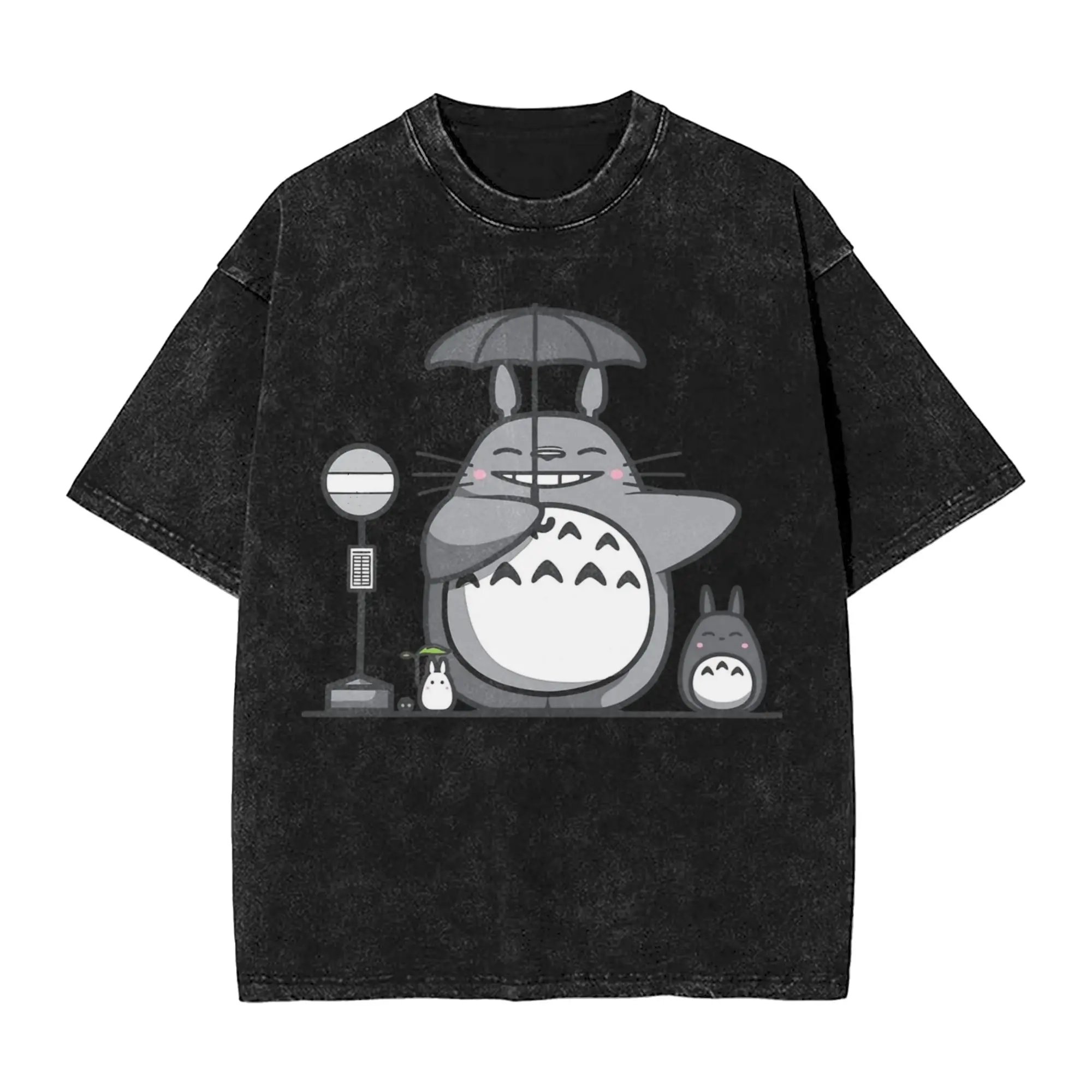 Totoro-Miyazaki Anime T Shirts Hip Hop Washed 100% Cotton Harajuku T-Shirts Retro Men Women Tops Streetwear Summer Tee Shirt 4