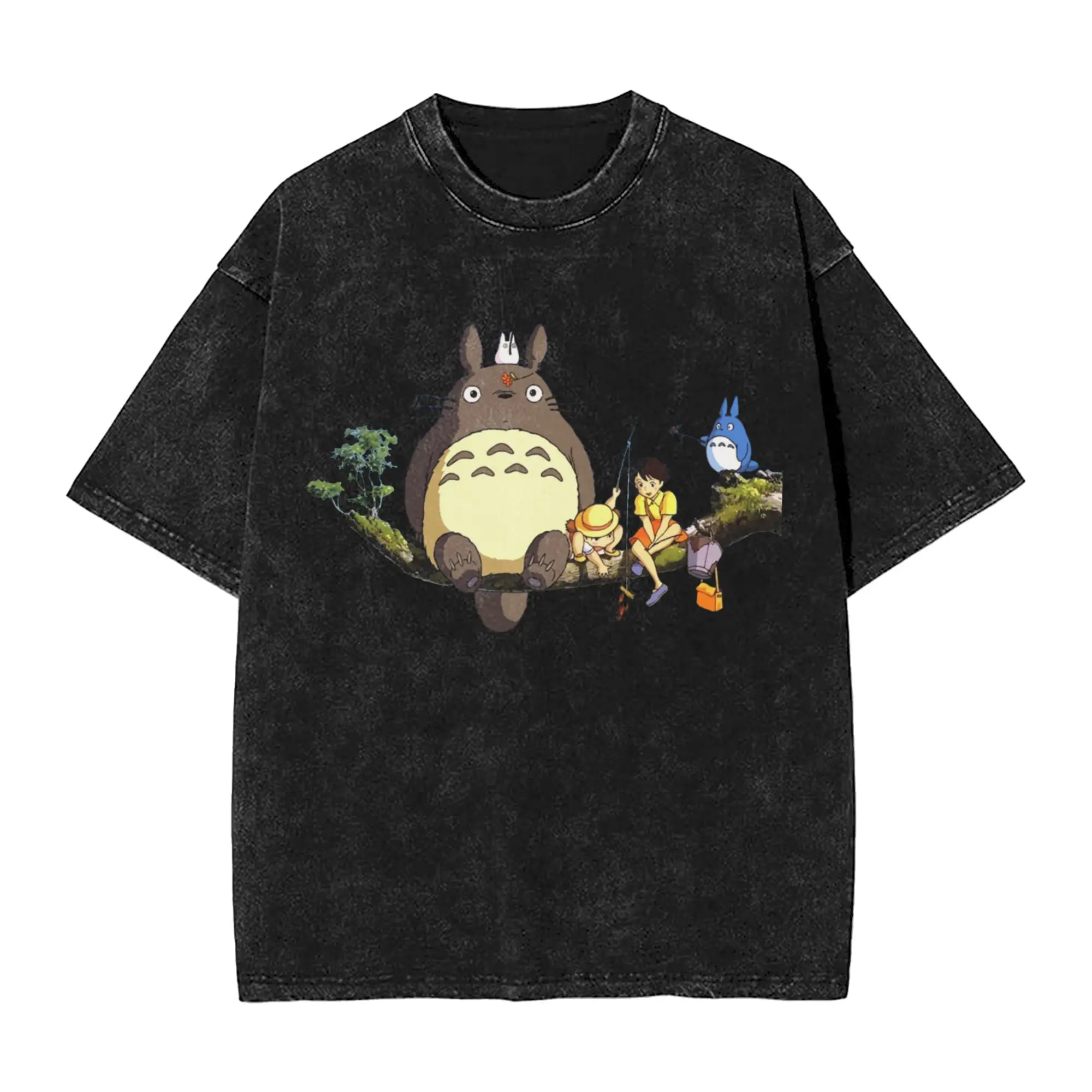 Totoro-Miyazaki Anime T Shirts Hip Hop Washed 100% Cotton Harajuku T-Shirts Retro Men Women Tops Streetwear Summer Tee Shirt 1