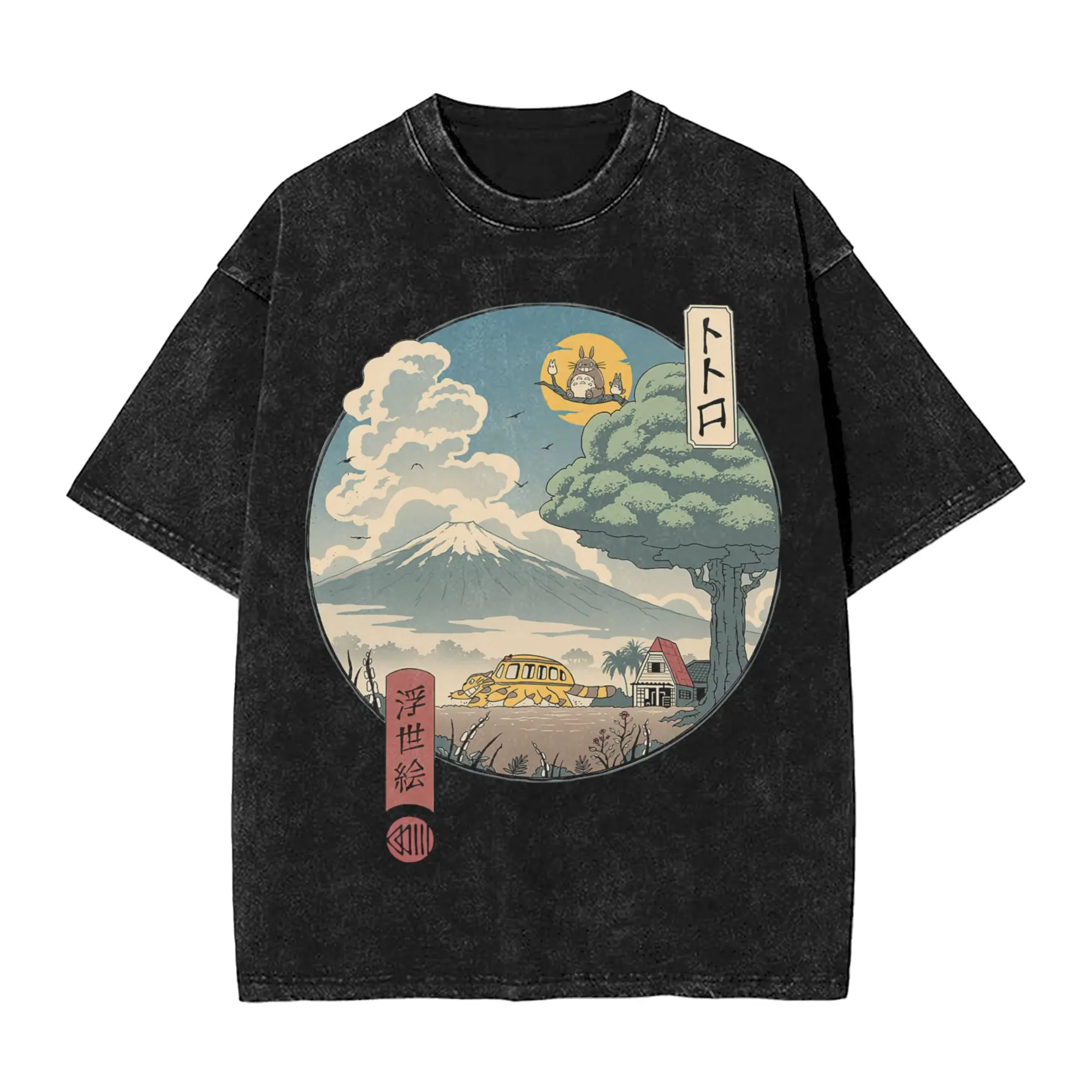 Totoro-Miyazaki Anime T Shirts Hip Hop Washed 100% Cotton Harajuku T-Shirts Retro Men Women Tops Streetwear Summer Tee Shirt 15